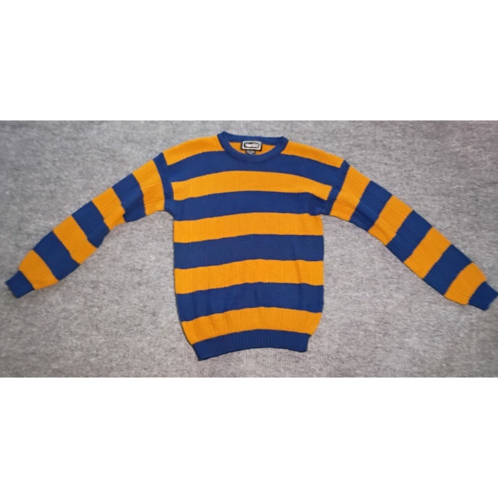 Vintage 80's Van Cory Navy Blue & Gold Striped Pullover Knit Sweater Size Large
